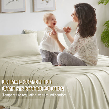 Bed Sheet Set-4 Piece 16” Deep Pocket, Striped Jacquard Ultra Soft Breathable Silky Bedding Sheets & Pillowcases-Beige