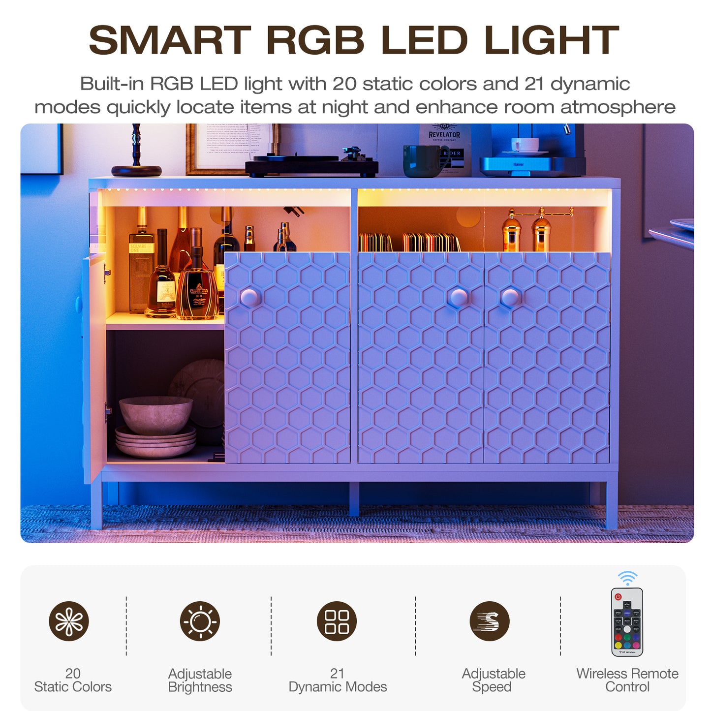 LED Buffet Cabinet with Power Outlet,4 Doors Sideboard Cabinet Table
