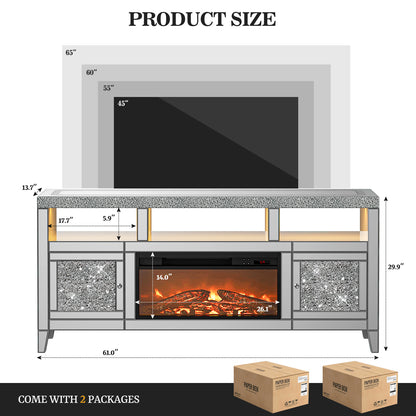 Mirrored Fireplace TV Stand for 65+ inch, Silver Console Table with Crushed Diamond and LED