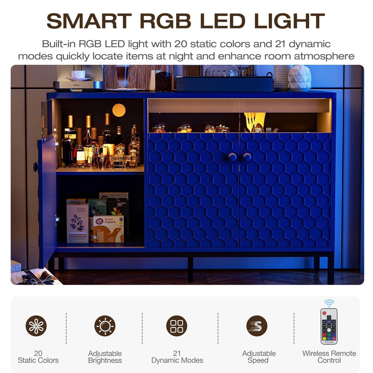 LED Buffet Cabinet with Power Outlet,3 Doors Sideboard Cabinet Table