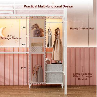 Metal Twin Loft Bed with Desk and Storage Shelves, LED Lights & Charging Station, Loft Bed Frame with 13.4” Guardrail