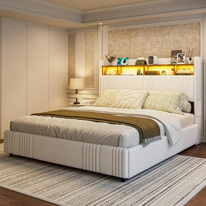 ARICOEASY California King Size Bed Frame with Bookcase Headboard & 2 Drawers Cal King Upholstered Platform Bed with LED Lights & Charging Station