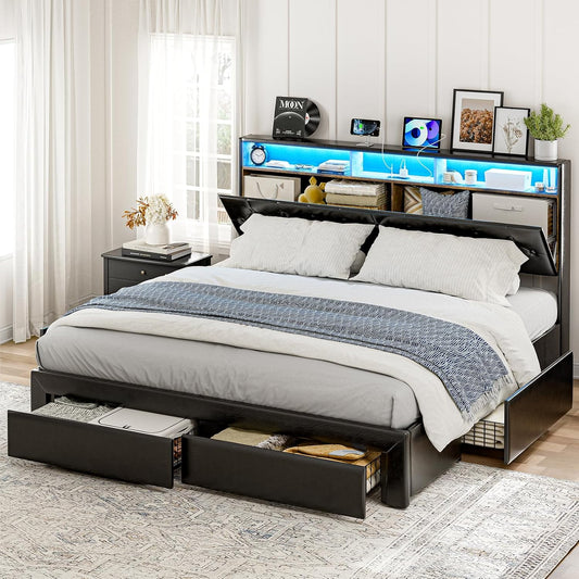 ARICOEASY California King Bed Frames with Hidden Storage Headboard & Drawers, Upholstered Cal King Platform Bed with LED Lights, Type-C Charging Station, No Box Spring Needed, Noise Free