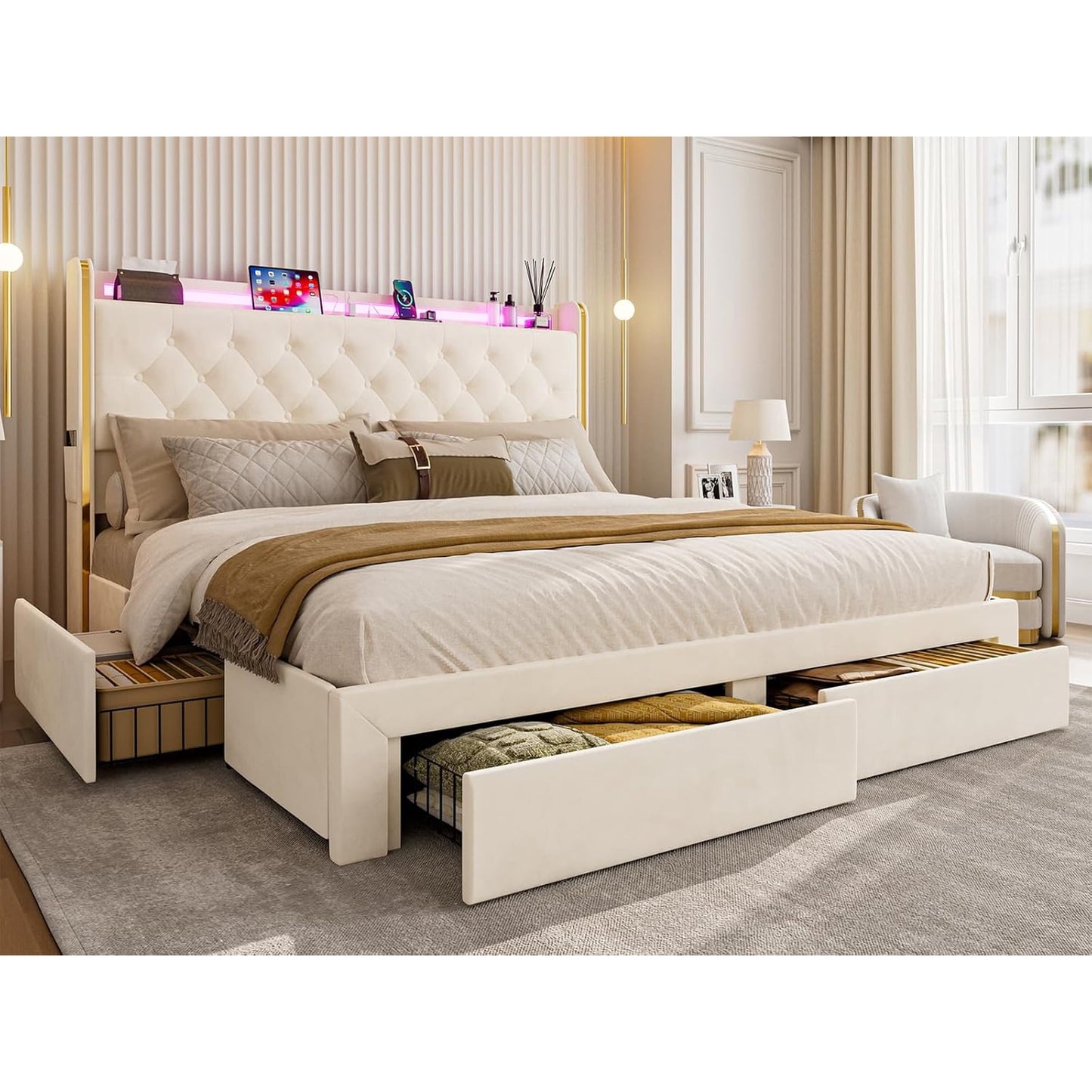 ARICOEASY Bed Frames with 3 Drawer Storage, Velvet Platform Bed with Button Tufted Headboard