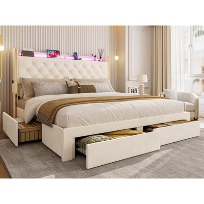 ARICOEASY Bed Frames with 3 Drawer Storage, Velvet Platform Bed with Button Tufted Headboard
