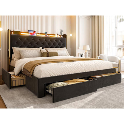 ARICOEASY Bed Frames with 3 Drawer Storage, Velvet Platform Bed with Button Tufted Headboard
