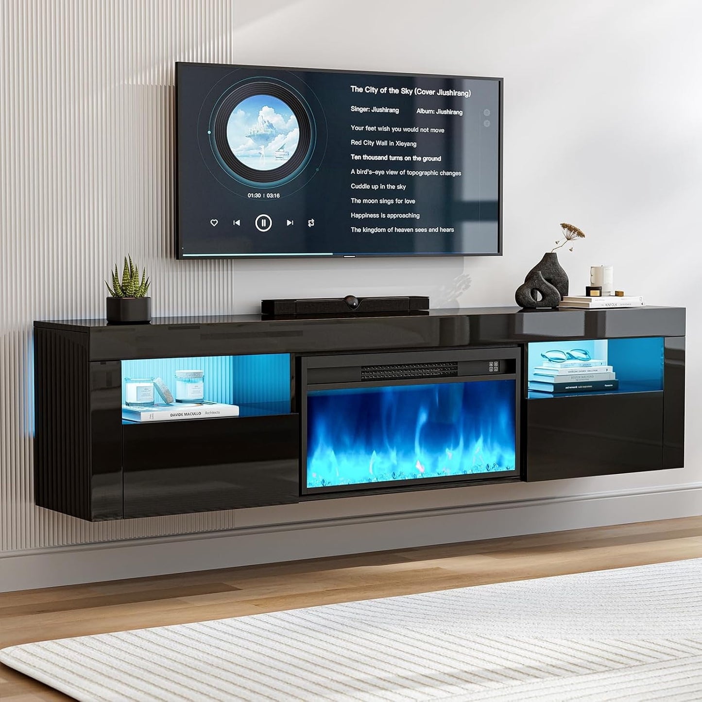 ARICOEASY Floating TV Stand with 28" Electric Fireplace & RGB LED Lights, Wall Mounted Media Console for TVs Up to 80"