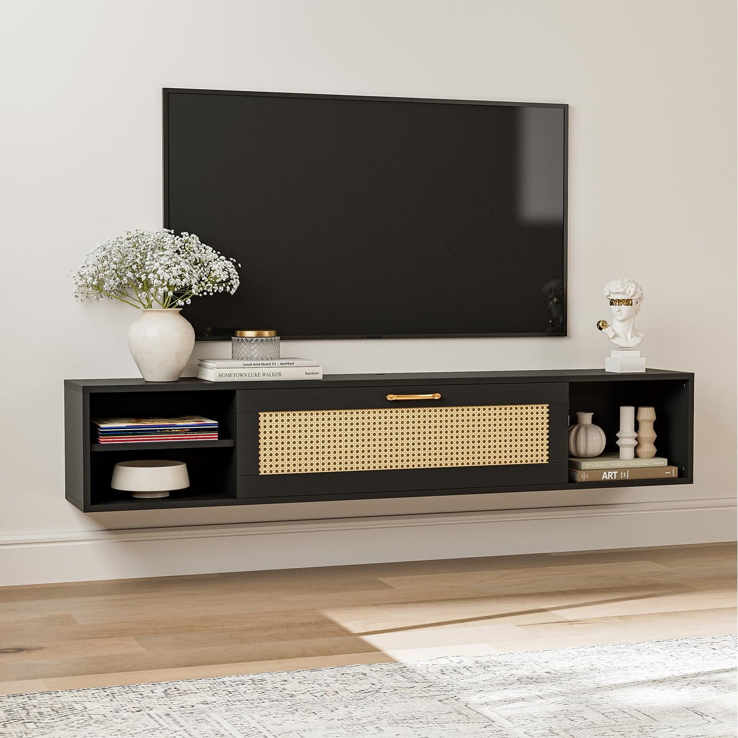 ARICOEASY Modern Wall-Mounted Media Console Floating TV Stand for 75 Inch TV with Rattan Door and Storage Space