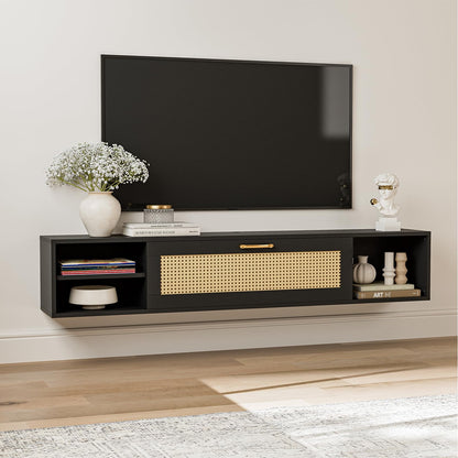 ARICOEASY Modern Wall-Mounted Media Console Floating TV Stand for 75 Inch TV with Rattan Door and Storage Space
