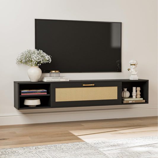 ARICOEASY Modern Wall-Mounted Media Console Floating TV Stand for 75 Inch TV with Rattan Door and Storage Space