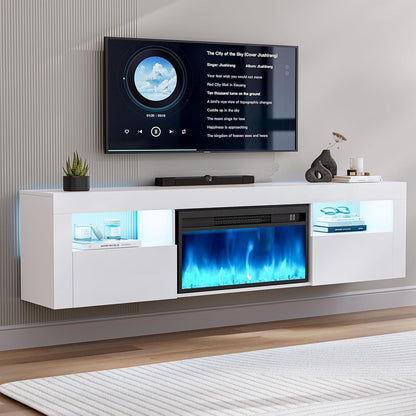ARICOEASY Floating TV Stand with 28" Electric Fireplace & RGB LED Lights, Wall Mounted Media Console for TVs Up to 80"