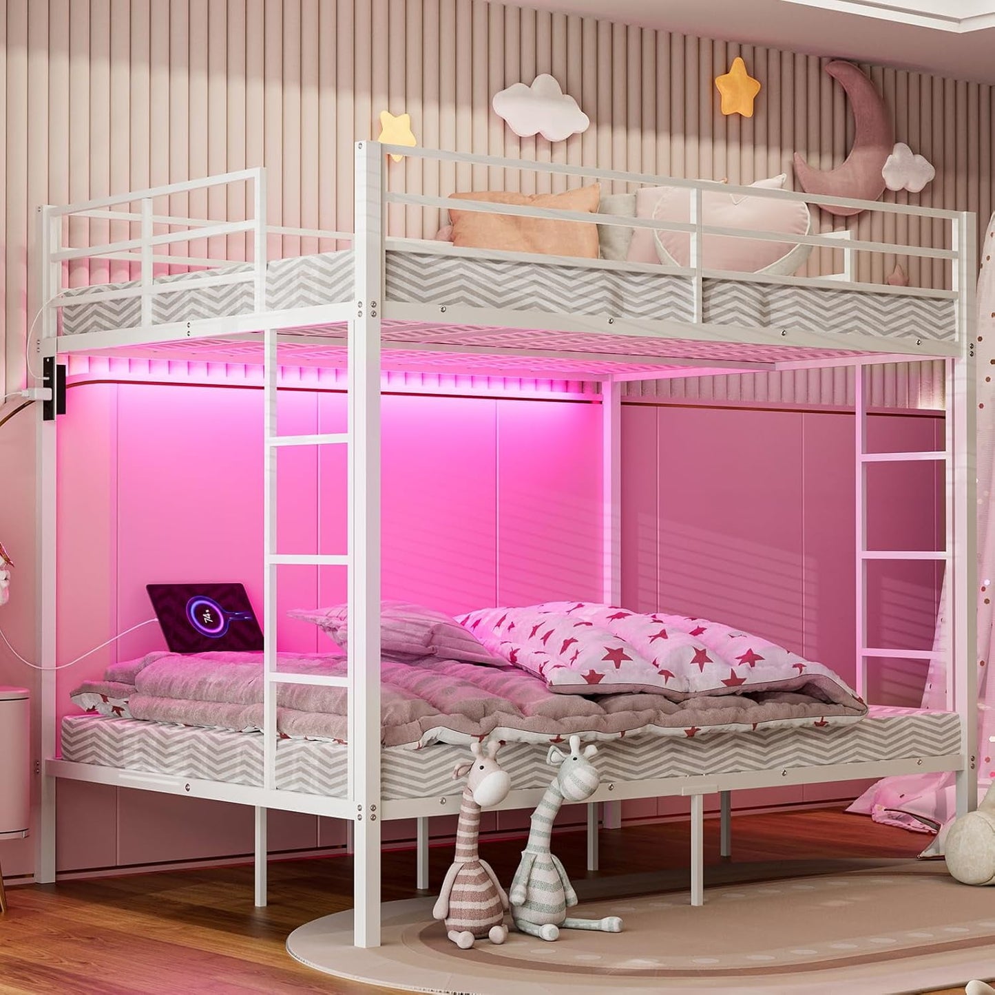 ARICOEASY Full Over Full Bunk Beds with LED Lights and Charging Station, Heavy Duty Metal Full Size Bunk Bed Frame, Safety Guardrail & 2 Ladders, Space-Saving Design, No Box Spring Needed