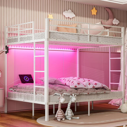 ARICOEASY Full Over Full Bunk Beds with LED Lights and Charging Station, Heavy Duty Metal Full Size Bunk Bed Frame, Safety Guardrail & 2 Ladders, Space-Saving Design, No Box Spring Needed