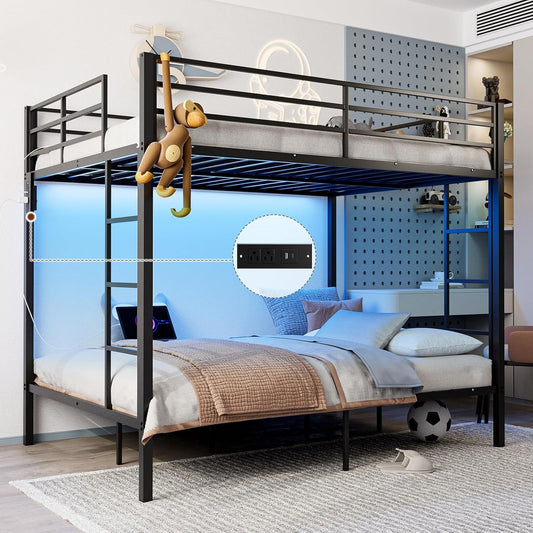 ARICOEASY Full Over Full Bunk Beds with LED Lights and Charging Station, Heavy Duty Metal Full Size Bunk Bed Frame, Safety Guardrail & 2 Ladders, Space-Saving Design, No Box Spring Needed