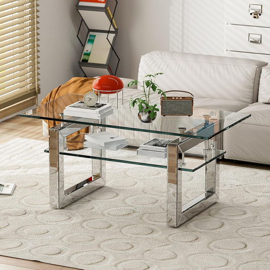 ARICOEASY Glass Coffee Table Modern Rectangle Tables with Tempered Glass Top and Sturdy Metal Legs for Living Room