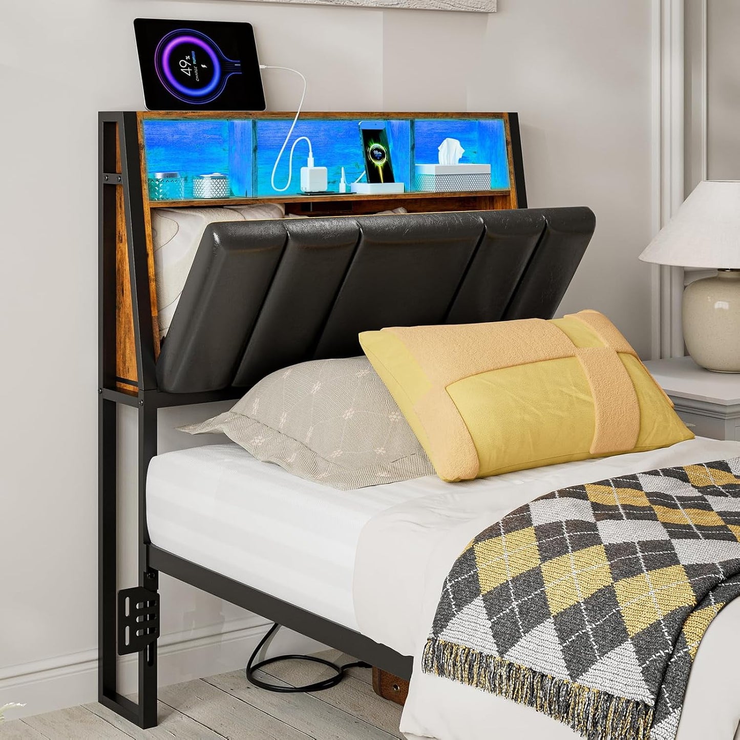 ARICOEASY Hidden Storage Headboard Twin Size with Charging Station, Ergonomic Upholstered Twin XL Headboard Only with LED Lights, 2 Outlets & 2 USB Ports, Attach Frame, Easy Assembly