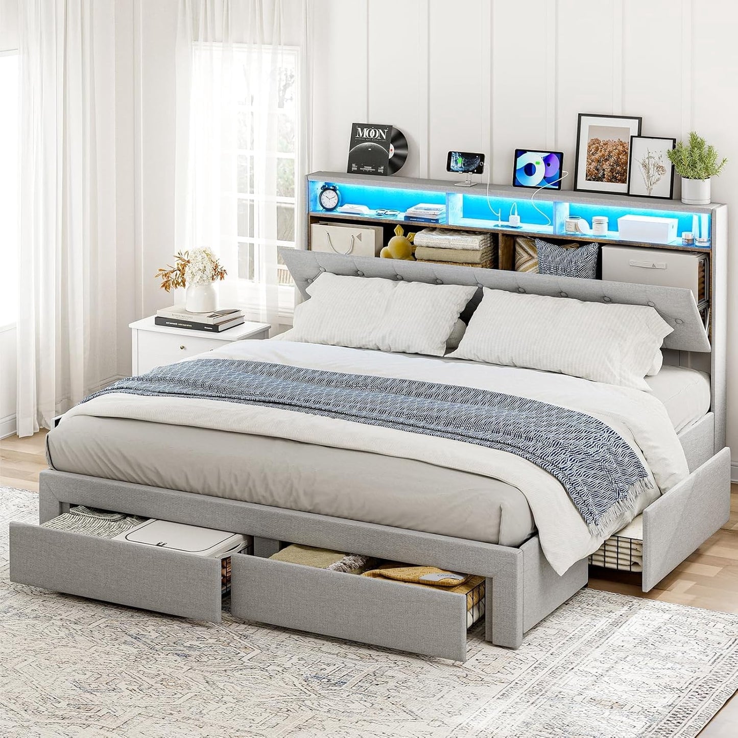ARICOEASY King Bed Frame with Hidden Storage Headboard & 4 Drawers, Upholstered Button Tufted Platform Bed with LED Lights and Charging Station, No Box Spring Needed, Solid Wood Slats