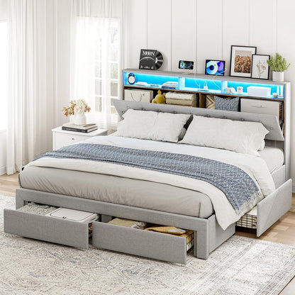 ARICOEASY King Bed Frame with Hidden Storage Headboard & 4 Drawers, Upholstered Button Tufted Platform Bed with LED Lights and Charging Station, No Box Spring Needed, Solid Wood Slats