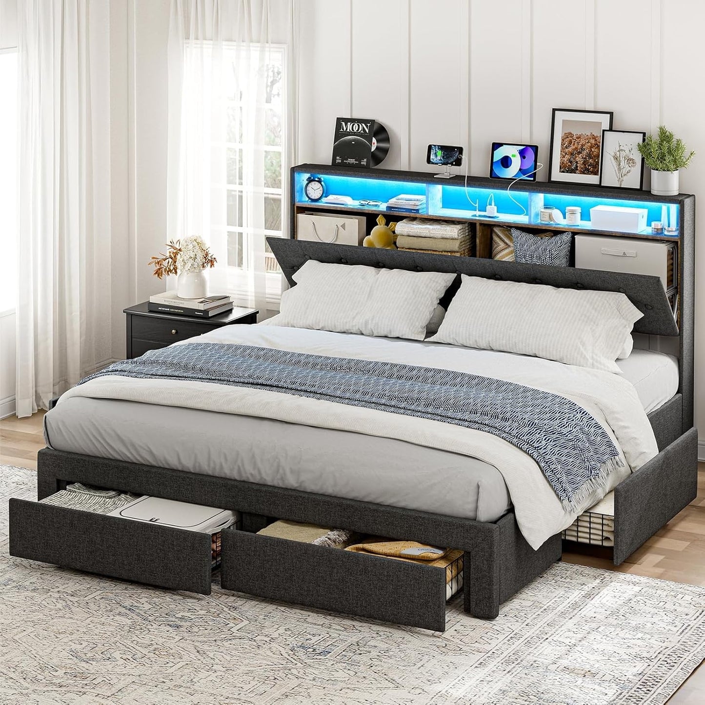 ARICOEASY King Bed Frame with Hidden Storage Headboard & 4 Drawers, Upholstered Button Tufted Platform Bed with LED Lights and Charging Station, No Box Spring Needed, Solid Wood Slats