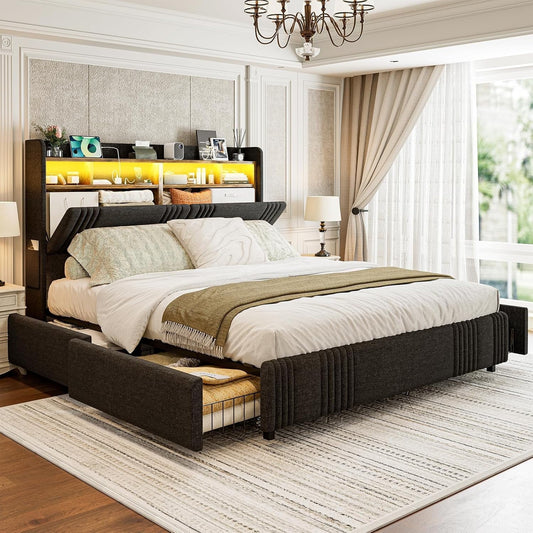 ARICOEASY King Bed Frame with Storage Headboard & 4 Drawers, Upholstered Wingback Platform Bed with LED Lights & Charging Station, 49” Tall Headboard, No Box Spring Needed, Noise-Free
