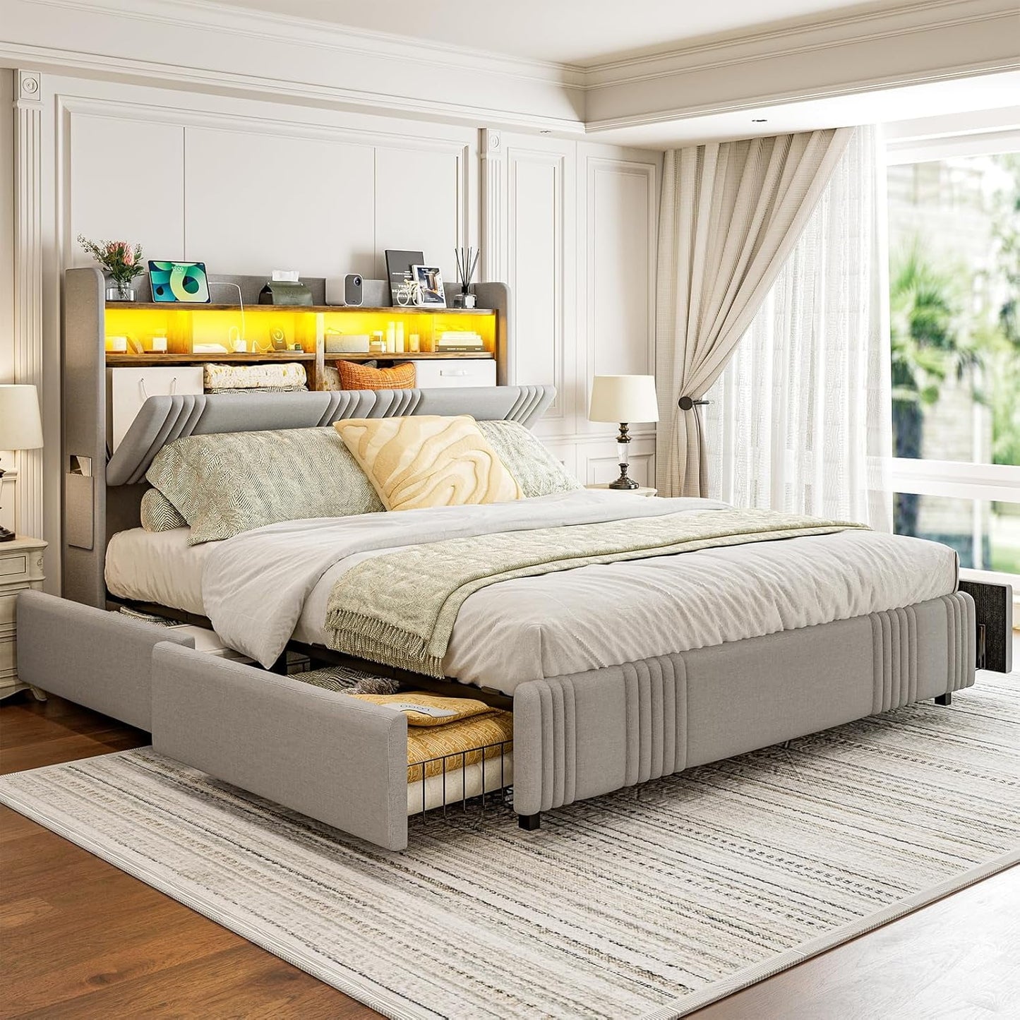 ARICOEASY King Bed Frame with Storage Headboard & 4 Drawers, Upholstered Wingback Platform Bed with LED Lights & Charging Station, 49” Tall Headboard, No Box Spring Needed, Noise-Free
