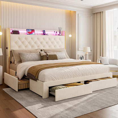 ARICOEASY Bed Frames with 3 Drawer Storage, Velvet Platform Bed with Button Tufted Headboard
