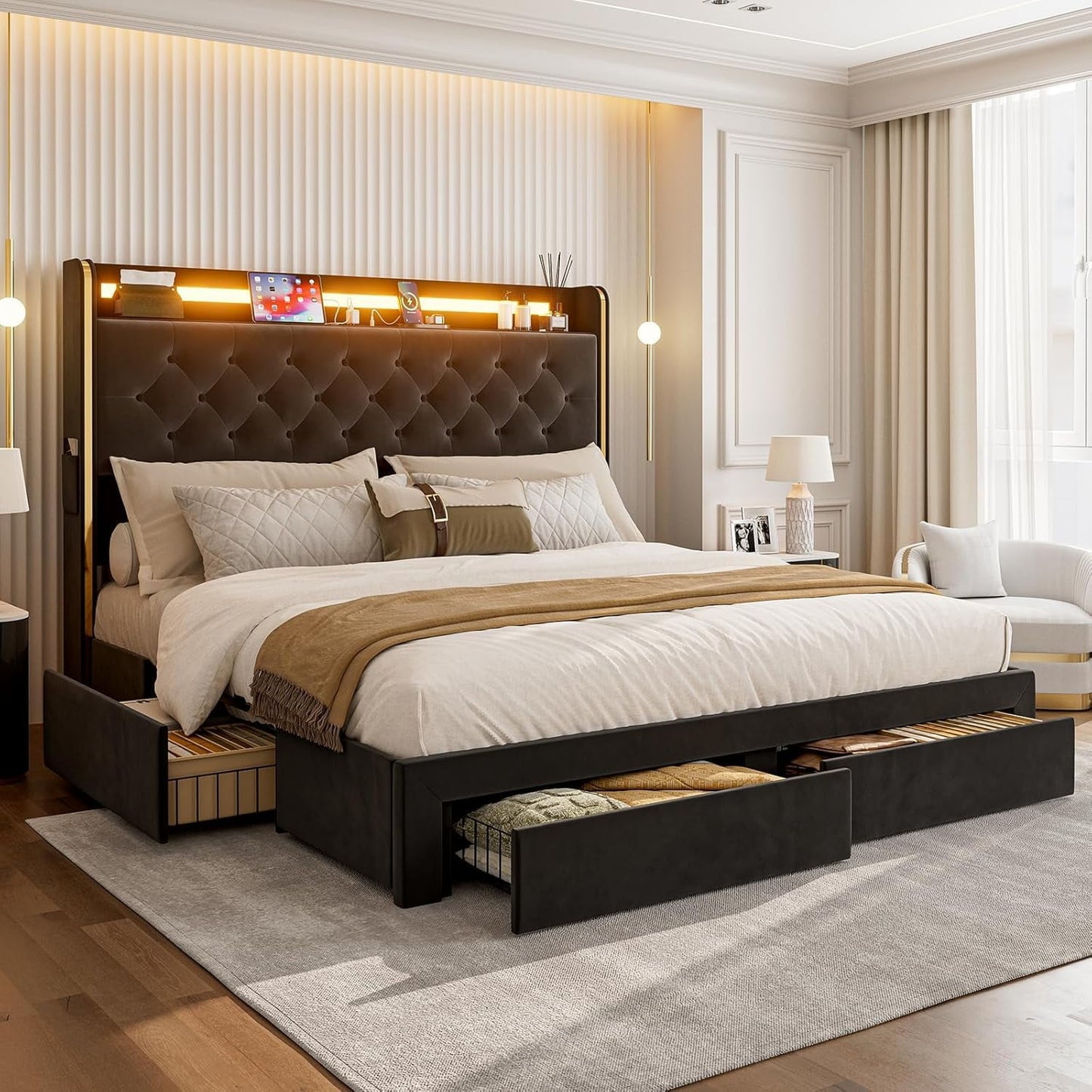 ARICOEASY Bed Frames with 3 Drawer Storage, Velvet Platform Bed with Button Tufted Headboard