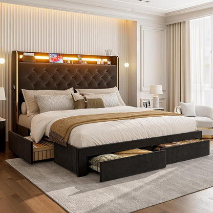 ARICOEASY Bed Frames with 3 Drawer Storage, Velvet Platform Bed with Button Tufted Headboard