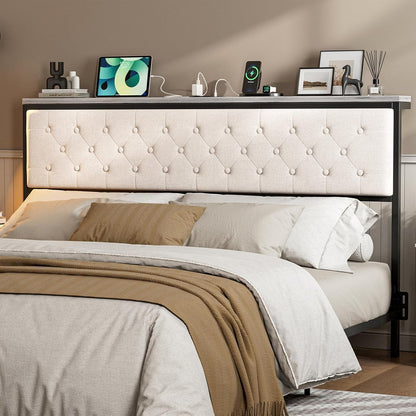 ARICOEASY Queen Size Storage Headboard with Charging Station, Upholstered Button Tufted Headboard, Easy Assembly