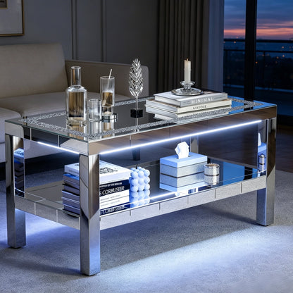 ARICOEASY Modern Coffee Table with Storage Shelves, Mirrored 2-Tier Coffee Table with LED for Living Room, Home Office