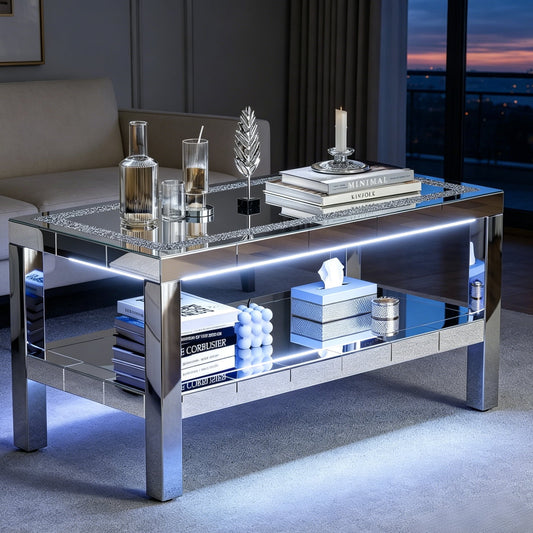 ARICOEASY Modern Coffee Table with Storage Shelves, Mirrored 2-Tier Coffee Table with LED for Living Room, Home Office
