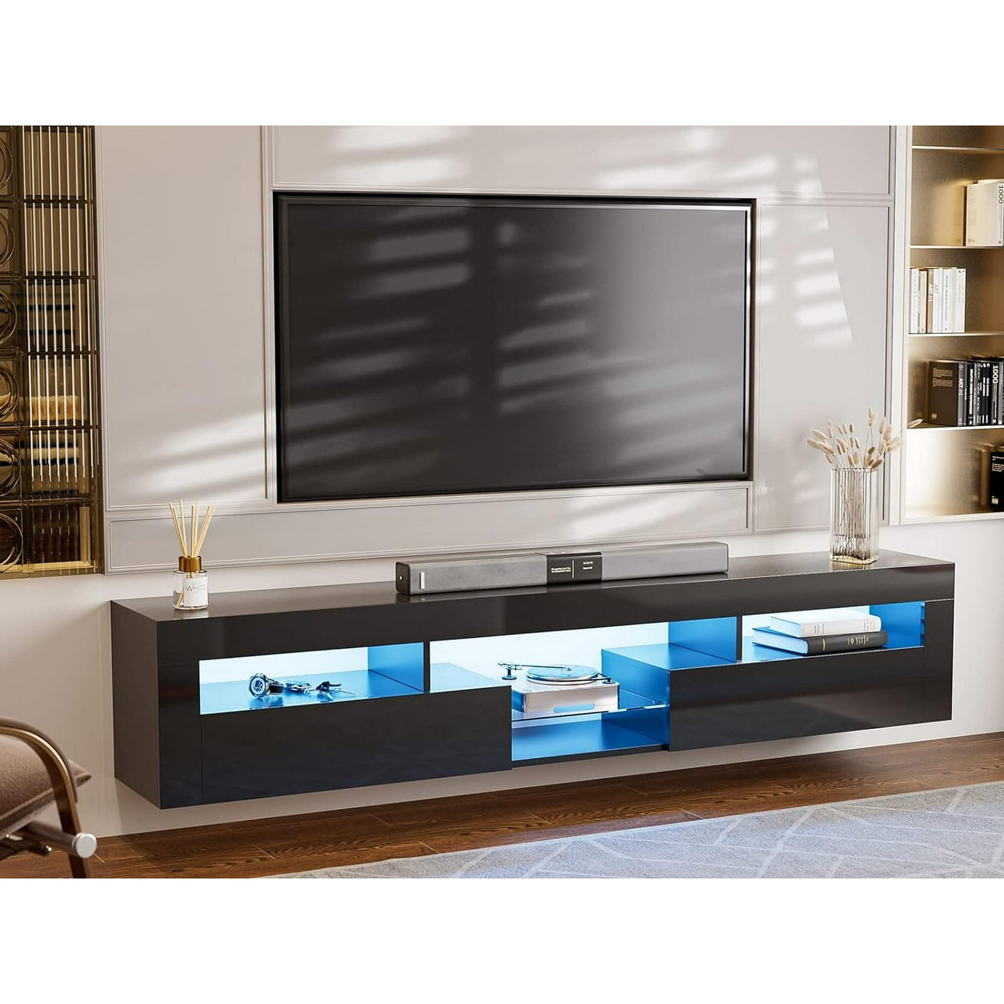 ARICOEASY Modern Wall Mounted TV Stand with LED Lights, Floating Entertainment Center for up to 85 Inch TV, High Gloss White Media Console with Storage & 2 Drawers