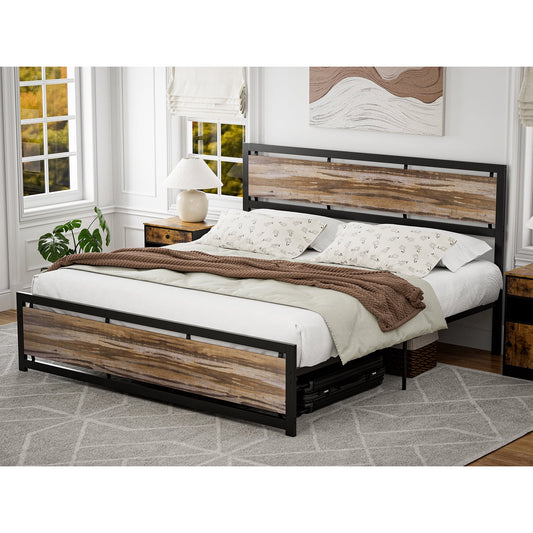 ARICOEASY Metal California King Bed Frames, Industrial Platform Bed Frame with Rustic Vintage Wooden Headboard Footboard, Easy Assembly, Brown
