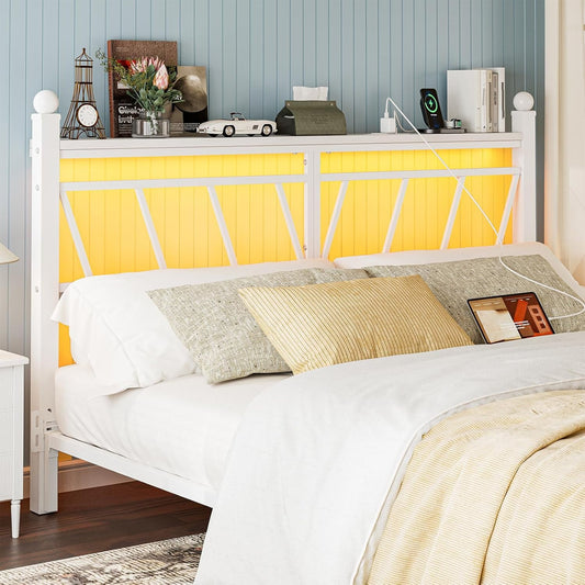 ARICOEASY Metal California King Storage Headboard with LED Lights, Modern Cal King Head Board with Outlets, USB & Type C Port, Farmhouse Vintage Style, Easy Assembly, White