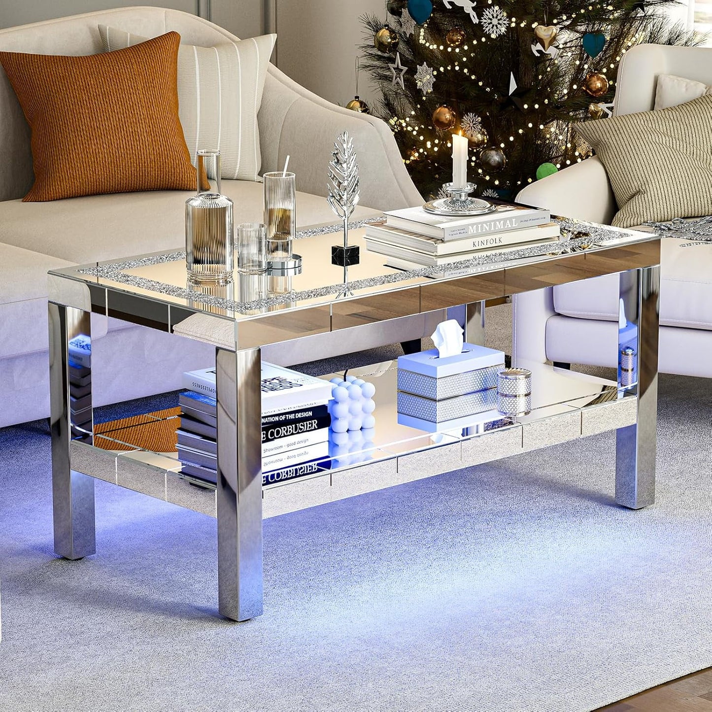 ARICOEASY Mirrored Coffee Table with RGB LED Lights and Crushed Diamond Finish, Modern 2 Tier Rectangle Cocktail Table with Stainless Steel Legs