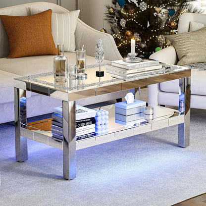 ARICOEASY Mirrored Coffee Table with RGB LED Lights and Crushed Diamond Finish, Modern 2 Tier Rectangle Cocktail Table with Stainless Steel Legs