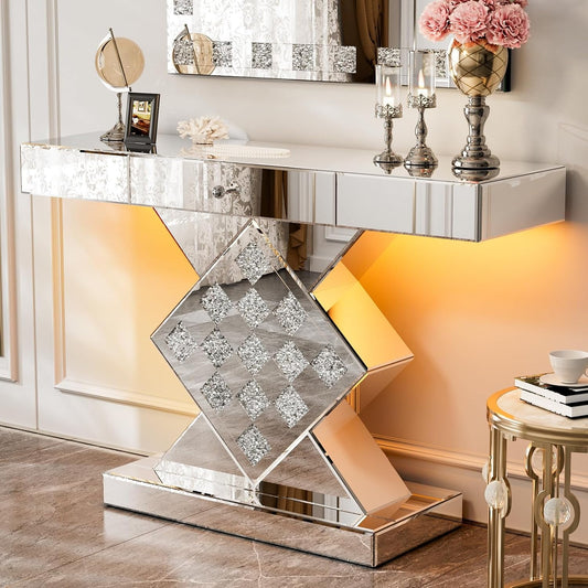 ARICOEASY Mirrored Console Table with LED Light and Storage Drawer, Long Entryway Sofa Table