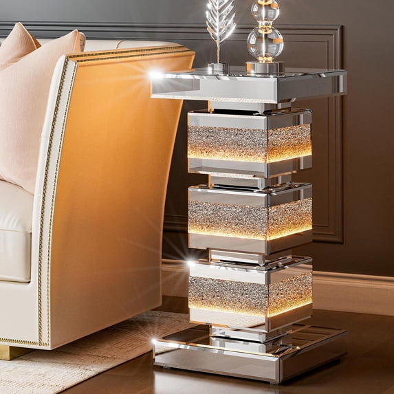 ARICOEASY Mirrored End Table Nightstand Bedside Table with LED light