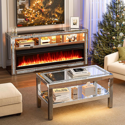 ARICOEASY Mirrored Living Room Furniture Set with Fireplace TV Stand and LED Coffee Table, Set of 2
