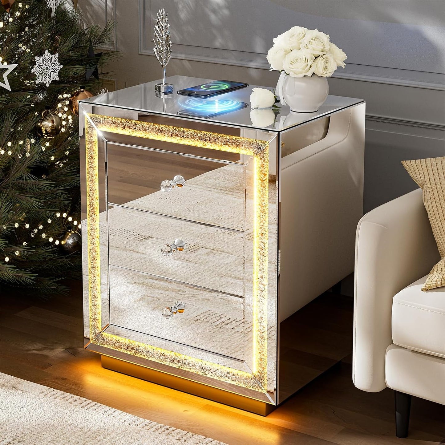 ARICOEASY Mirrored Nightstand with LED Light & Wireless Charging Station, Crushed Diamond Table with 3 Drawers, Mirrored End Table with Crystal Handles for Bedroom, Office