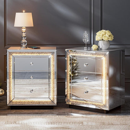 ARICOEASY Mirrored Nightstand with LED Light & Wireless Charging Station, Crushed Diamond Table with 3 Drawers, Mirrored End Table with Crystal Handles for Bedroom, Office
