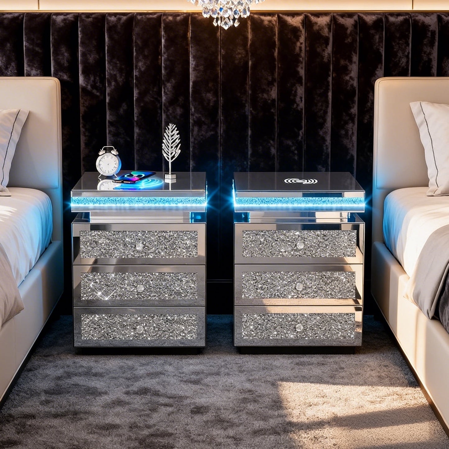 ARICOEASY Mirrored Nightstands with LED Lights & Charging Station, Silver Glam Bedroom Furniture Set, Fully Assembled