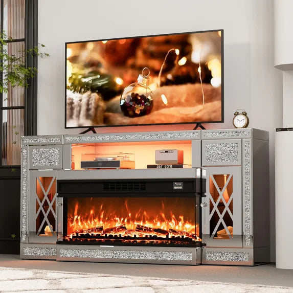 ARICOEASY Mirrored TV Stand with Fireplace for 65+ inch TV, Mirrored Fireplace TV Stand with LED Light, Silver Electric Fireplace with Crushed Diamond for Living Room