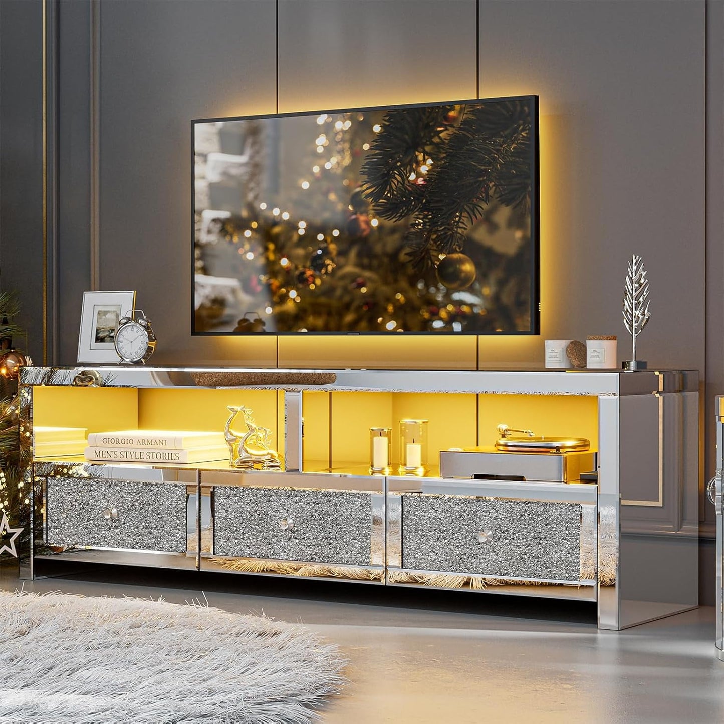 ARICOEASY Mirrored TV Stand for 65+ Inch TV, Silver Entertainment Center with Crushed Diamond Finish, LED Lights, 3 Drawers & 2 Open Shelves