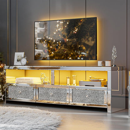 ARICOEASY Mirrored TV Stand for 65+ Inch TV, Silver Entertainment Center with Crushed Diamond Finish, LED Lights, 3 Drawers & 2 Open Shelves