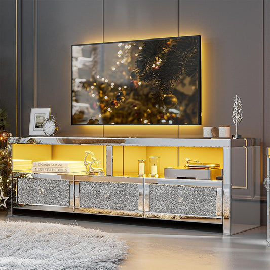 ARICOEASY Mirrored TV Stand for 65+ Inch TV, Silver Entertainment Center with Crushed Diamond Finish, LED Lights, 3 Drawers & 2 Open Shelves