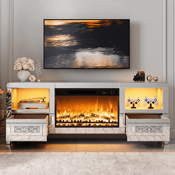 ARICOEASY Mirrored TV Stand with 23” Fireplace with LED Light and Storage Drawers for Living Room
