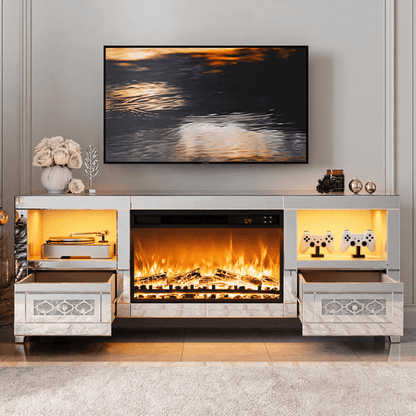 ARICOEASY Mirrored TV Stand with 23” Fireplace with LED Light and Storage Drawers for Living Room
