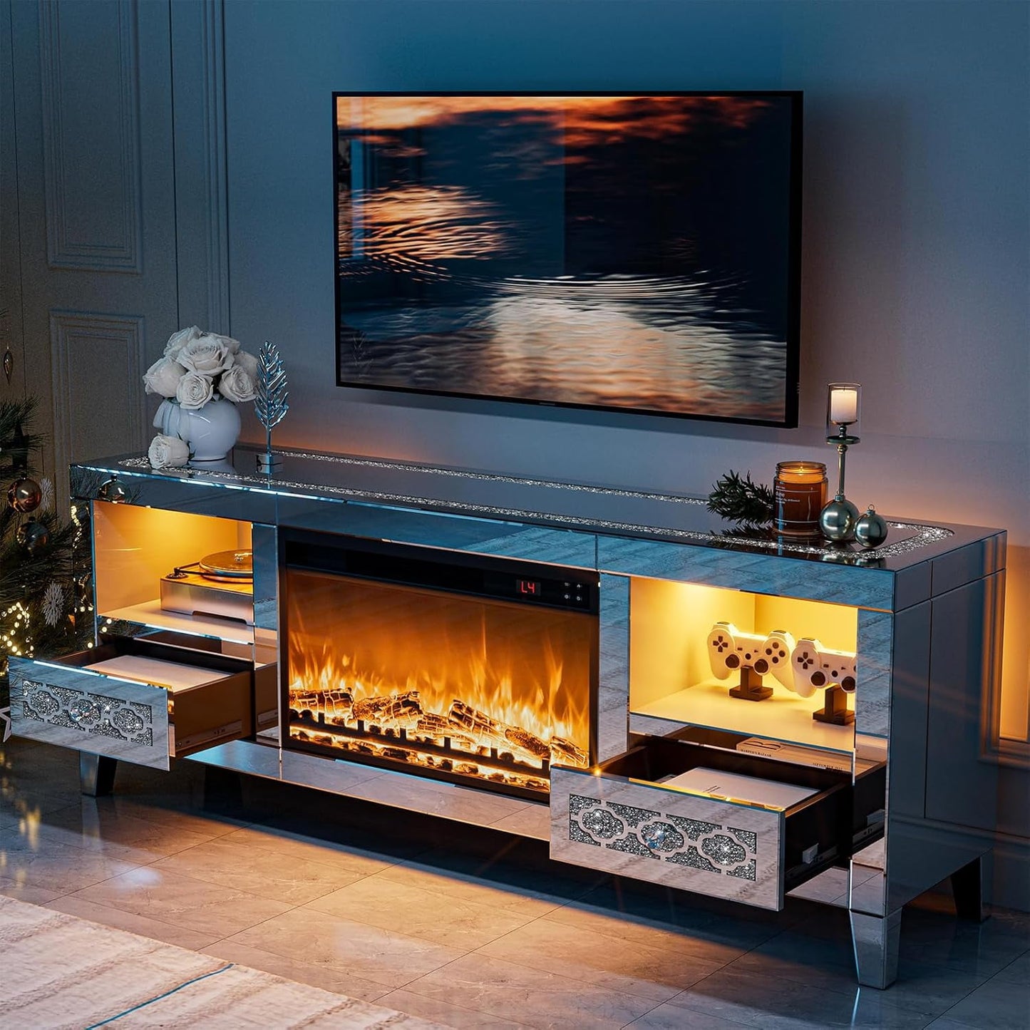 ARICOEASY Mirrored TV Stand with Smart Electric Fireplace and RGB Ambience Light