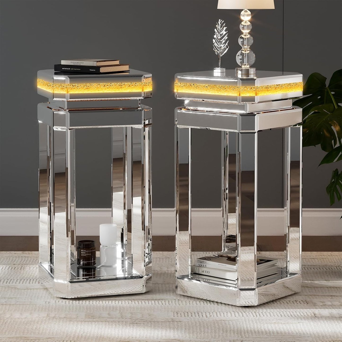 ARICOEASY 24" Tall Corner Table Silver Side Table Glass Mirror End Table Accent Table Mirrored Diamond Crush Mirrors with Storage Space